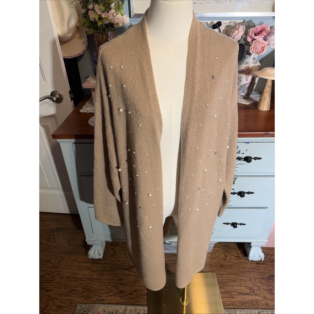 Chico's, Size 2 Large, Tan Pearl, Rhinestone , Long Sleeve Open Cardigan Sweater